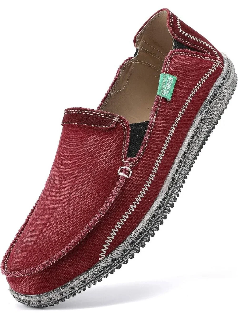 VILOCY Men's Wine Red Rubber Canvas Slip On Loafers Vintage Flat Casual Shoes